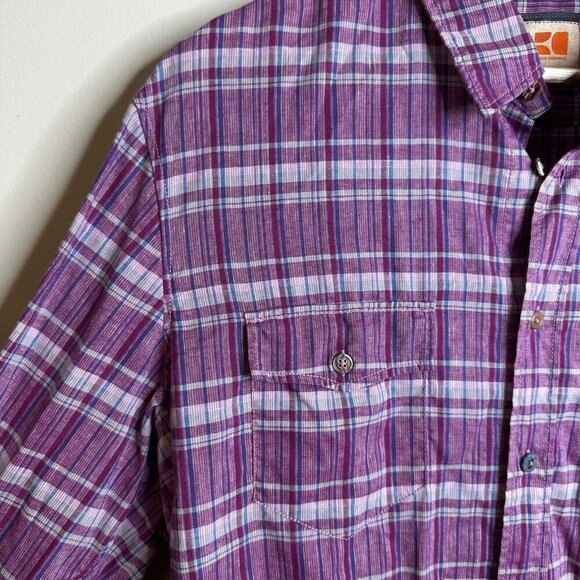 Hugo Boss Orange Linen Blend Plaid Button Up Shirt Purple Mens XL Western Preppy - Picture 5 of 15
